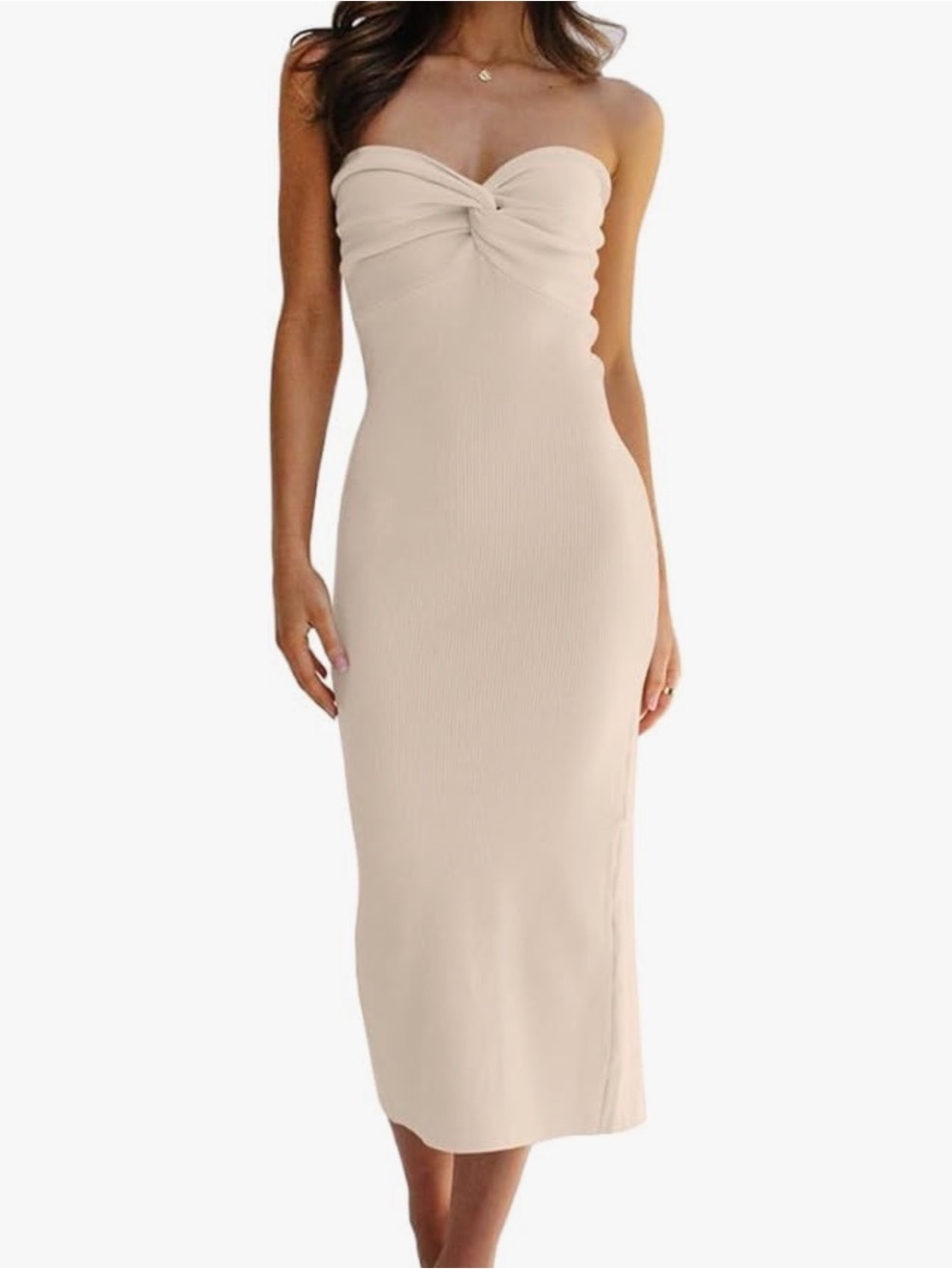 Amazon Strapless Twist-Front Midi Dress in Nude Cream